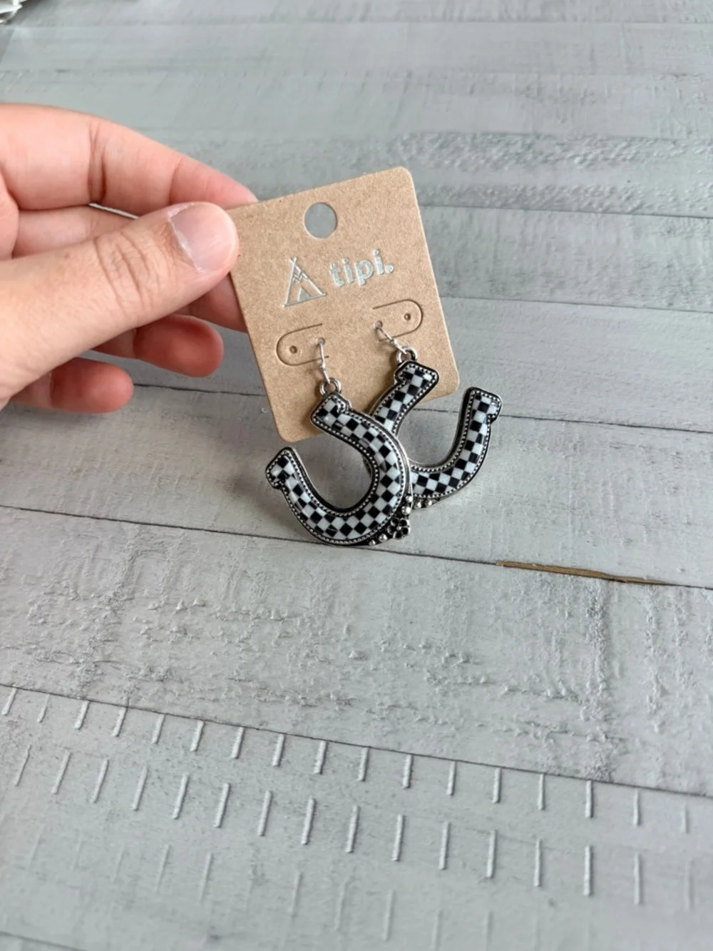 Western Fashion Black & White Checkered Horseshoe Earrings